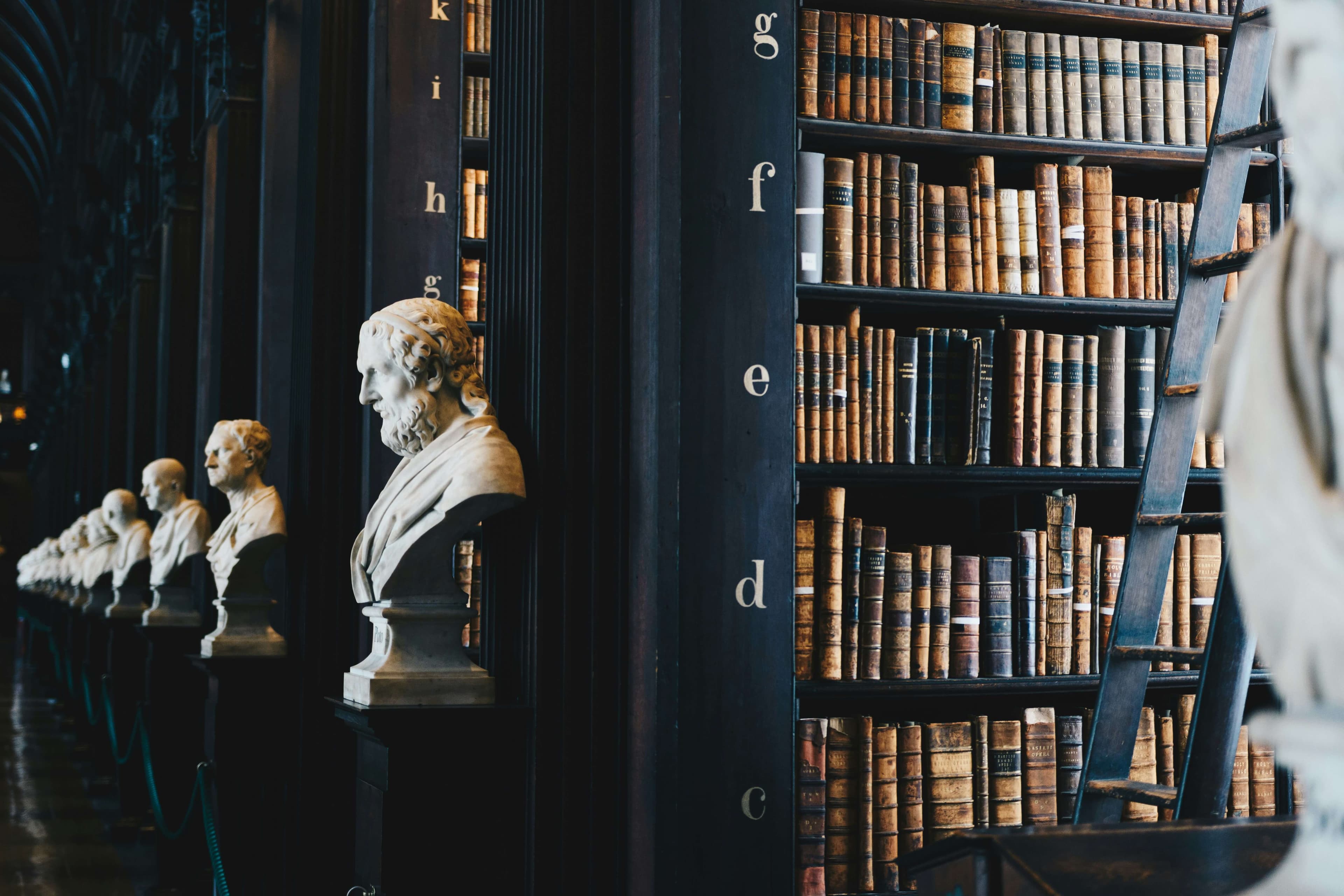 large library with marble figures