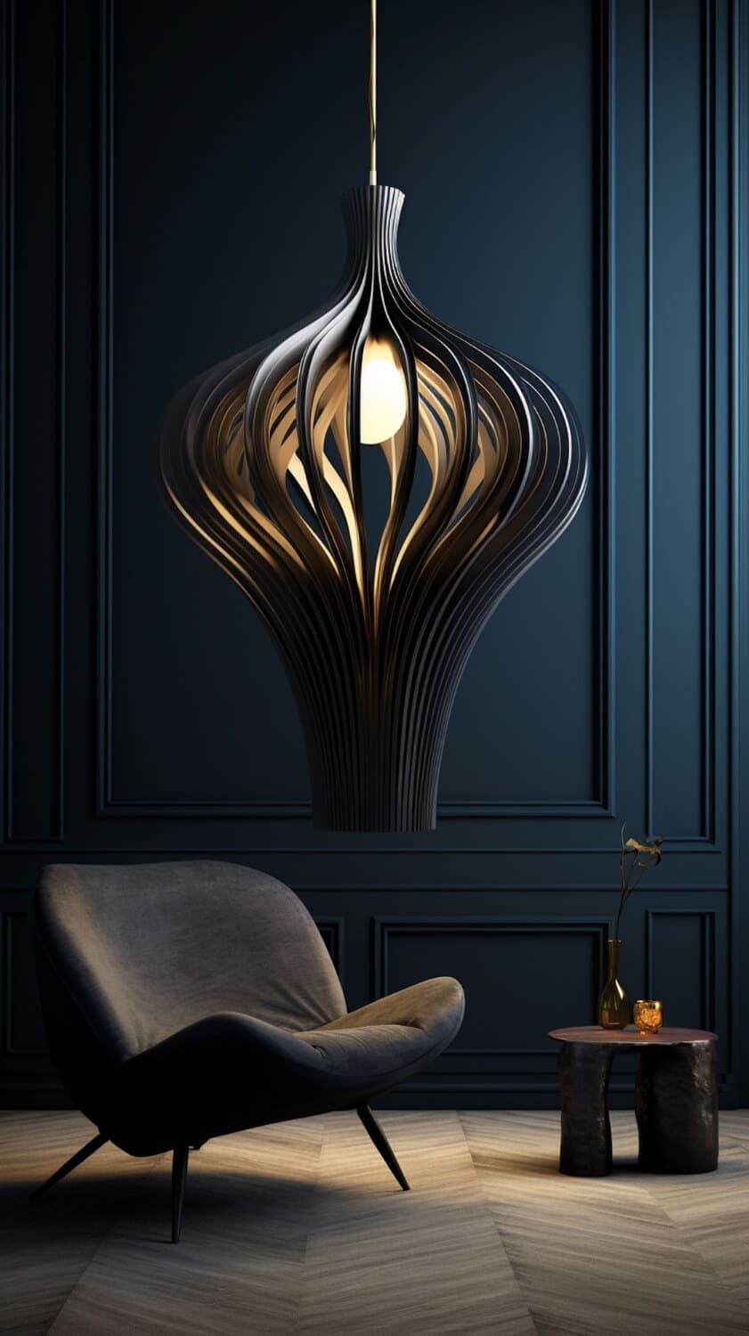 Modern lounge chair under a sculptural pendant lamp