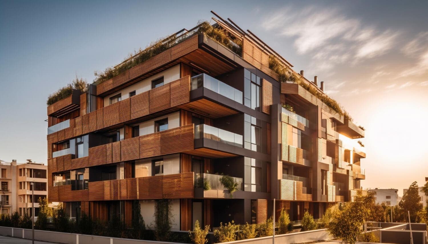 Modern residential building with yellow balconies