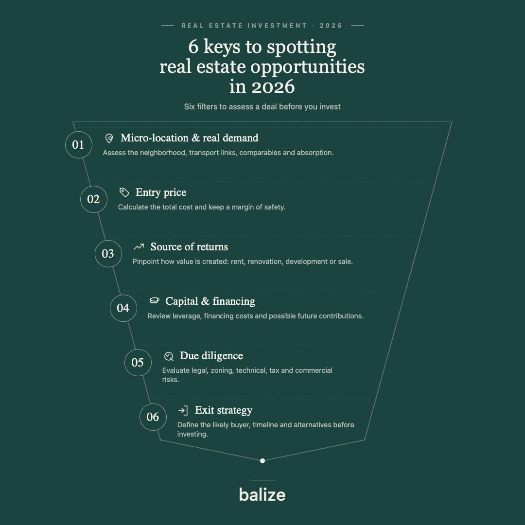 Infographic showing six key factors for identifying real estate investment opportunities in 2026: location, entry price, returns, financing, due diligence and exit strategy.