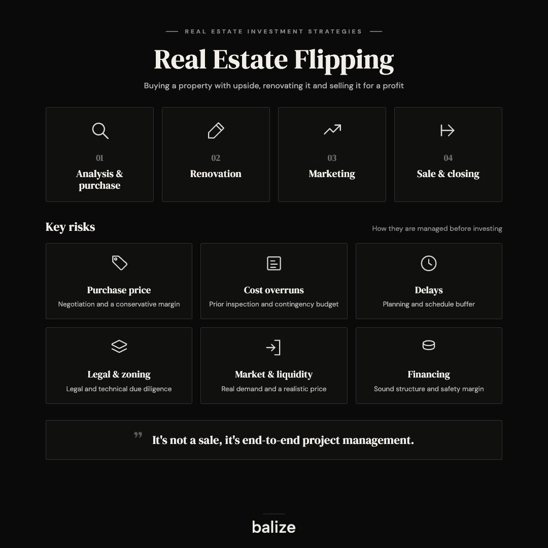 Infographic showing the stages, returns and key risks of house flipping.