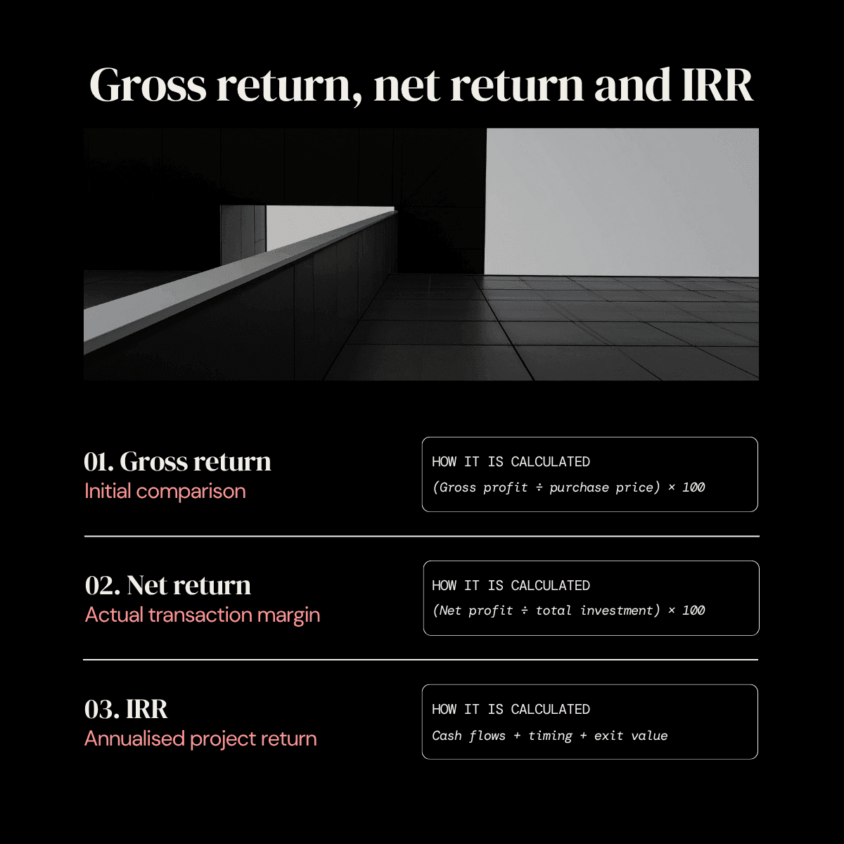 Infographic comparing gross return, net return and IRR in a real estate investment, explaining what each metric measures and the elements used in its calculation.